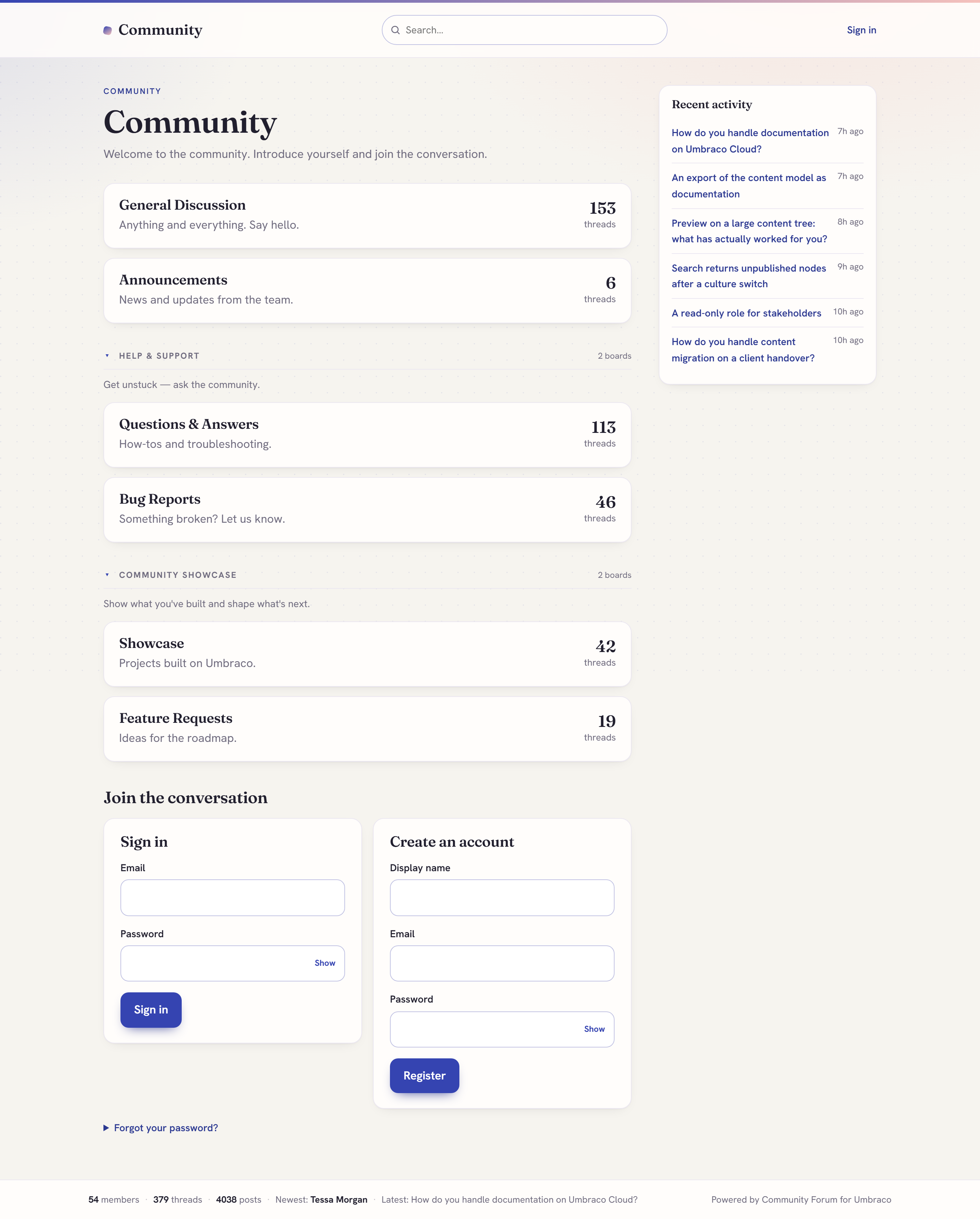 The forum front-end: boards grouped by category